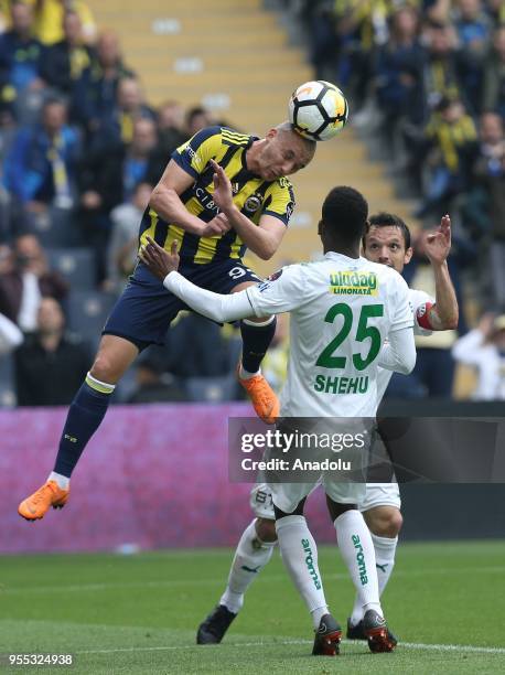 Aatif Chahechouhe of Fenerbahce in action against Abdullahi Shehu of Bursaspor during Turkish Super Lig soccer match between Fenerbahce and Bursaspor...