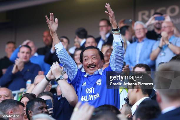 Cardiff City owner Vincent Tan celebrates after the final whistle as Cardiff are automatically promoted to the Premier League during the Sky Bet...