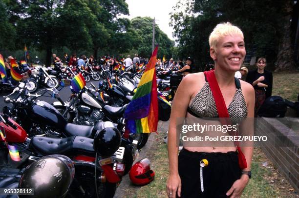 "Dikes on Bikes parade" of 400 Lesbians & their motorbikes driving down the streets of the city.