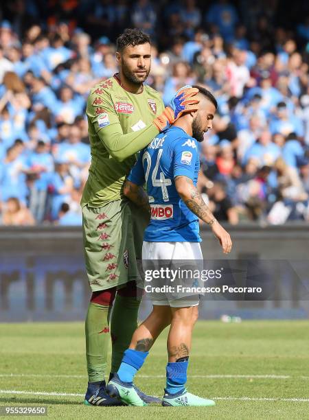 Lorenzo Insigne of SSC Napoli with Salvatore Sirigu of Torino FC after the serie A match between SSC Napoli and Torino FC at Stadio San Paolo on May...