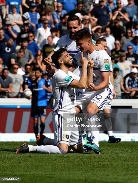 Leander Dendoncker midfielder of RSC Anderlecht and Josue Sa defender of RSC Anderlecht celebrates the win pictured during the Jupiler Pro League...