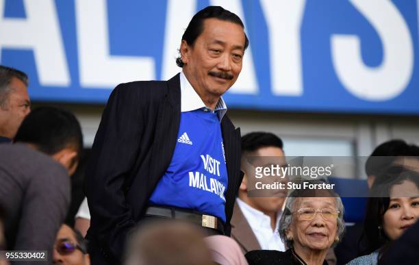 Cardiff owner Vincent Tan looks on during the Sky Bet Championship match between Cardiff City and Reading at Cardiff City Stadium on May 6, 2018 in...