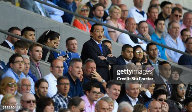 Cardiff owner Vincent Tan looks on during the Sky Bet Championship match between Cardiff City and Reading at Cardiff City Stadium on May 6, 2018 in...