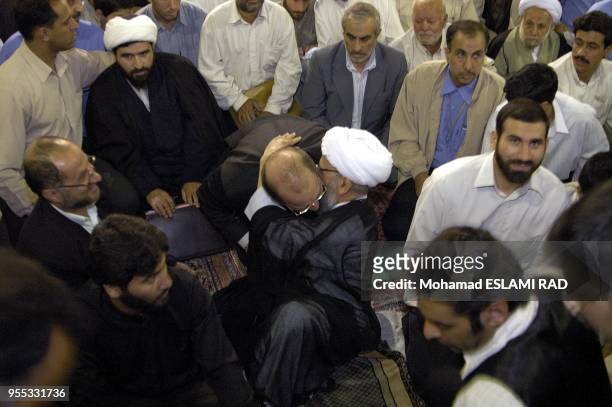 Molla giving warm welcom to Presidential condidate Mohammad Bagher Ghalibaf in Saeedi mosque in Qum city.