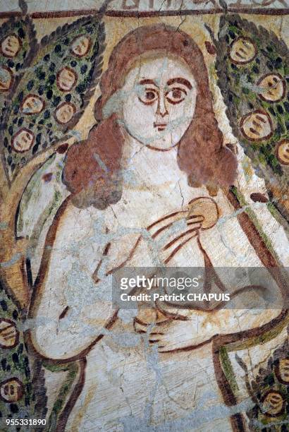 Détail d'une fresque représentant Adam et Eve avant et apres la faute originelle , provenance Fayoum Tebtunis 11ème siecle, 1er mai 2006, Musée copte...