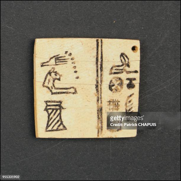 Wooden label for a perfumed substance . The labeling of perfumes goes back the the origins of the Pharaonic state, a necessary outcome of the...