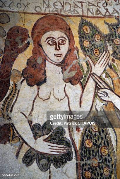 Détail d'une fresque représentant Adam et Eve avant et apres la faute originelle , provenance Fayoum Tebtunis 11ème siecle, 1er mai 2006, Musée copte...