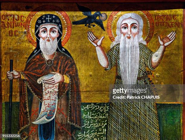 Icône copte représentant à gauche Saint-Antoine et à droite Saint-Paul, 1493 après Jésius-Christ, 2 mai 2006, Musée copte du Caire, Egypte.