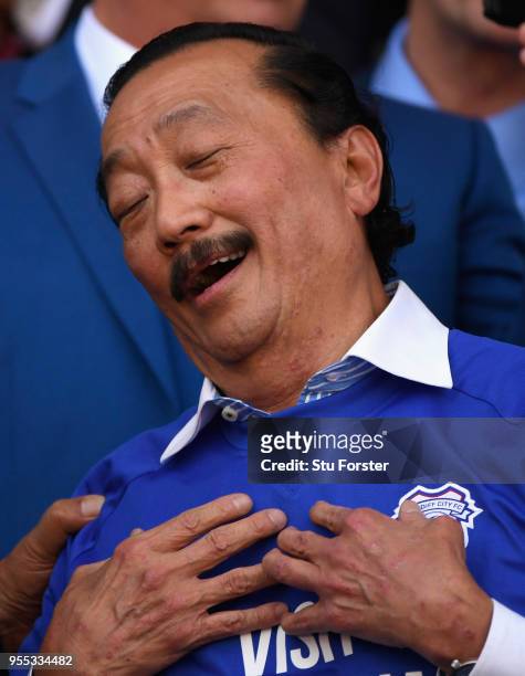 Cardiff owner Vincent Tan reacts after promotion to the premier league after the Sky Bet Championship match between Cardiff City and Reading at...