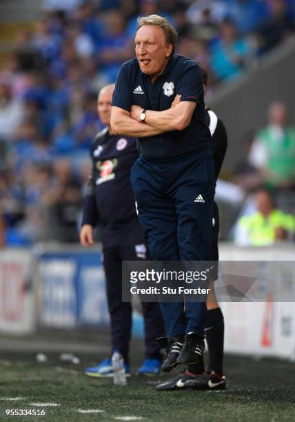 Cardiff manager Neil Warnock reacts during the Sky Bet Championship match between Cardiff City and Reading at Cardiff City Stadium on May 6, 2018 in...