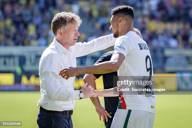 Coach Alfons Groenendijk of ADO Den Haag, Bjorn Johnsen of ADO Den Haag celebrate the victory and the qualification for the Play Offs during the...