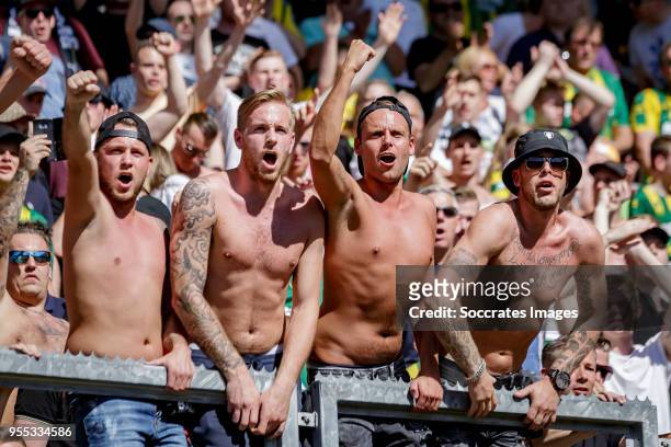 Supporters of ADO Den Haag during the Dutch Eredivisie match between Roda JC v ADO Den Haag at the Parkstad Limburg Stadium on May 6, 2018 in...