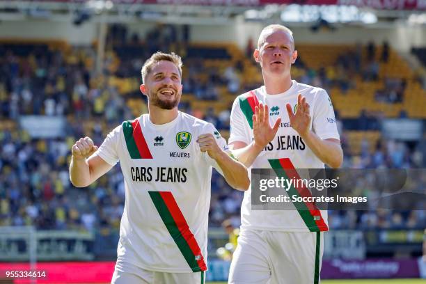 Aaron Meijers of ADO Den Haag, Tom Beugelsdijk of ADO Den Haag celebrate the victory and the qualification for the Play Offs during the Dutch...