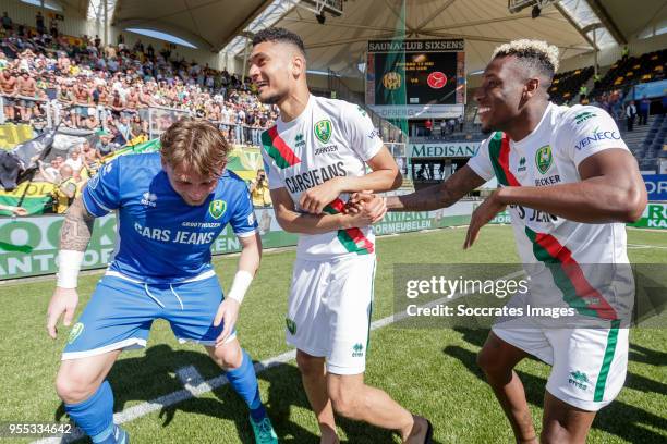 Indy Groothuizen of ADO Den Haag, Bjorn Johnsen of ADO Den Haag, Sheraldo Becker of ADO Den Haag celebrate the victory and the qualification for the...