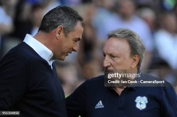 Cardiff City manager Neil Warnock chats to Reading manager Paul Clement during the Sky Bet Championship match between Cardiff City and Reading at...