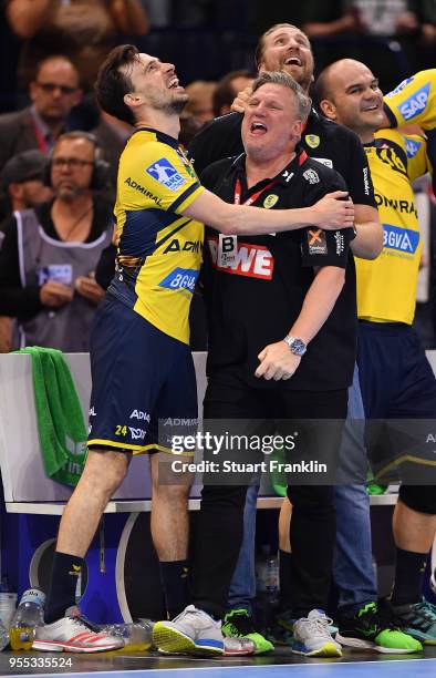 Nikolaj Jacobsen, head coach of Rhein-Neckar celebrates with Patrick Groetzki after the final whistle at the final of the DKB Handball Bundesliga...