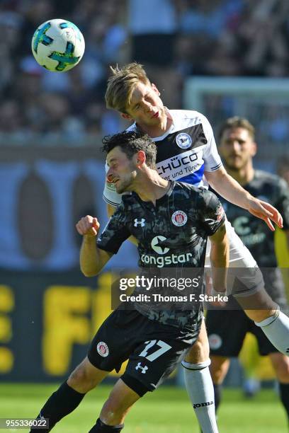 Jan - Philipp Kalla of Hamburg and Patrick Weihrauch of Bielefeld head for the ball during the Second Bundesliga match between FC St. Pauli and DSC...