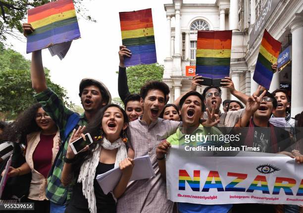 Community members participated in a street play and dance performance as part of a queer revolution at Rajiv Chowk, on May 6, 2018 in New Delhi,...