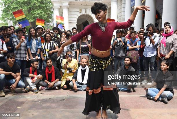 Community members participated in a street play and dance performance as part of a queer revolution at Rajiv Chowk, on May 6, 2018 in New Delhi,...