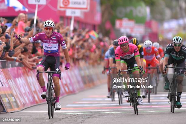Arrival / Elia Viviani of Italy and Team Quick-Step Floors Purple Points Jersey / Celebration / Sacha Modolo of Italy and Team EF Education...