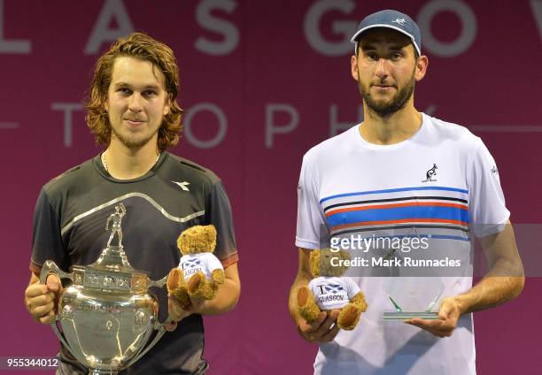 Lukas Lacko , of Slovakia poses with the trophy after beating Luca Vanni of Italy in the singles final of The Glasgow Trophy at Scotstoun Leisure...