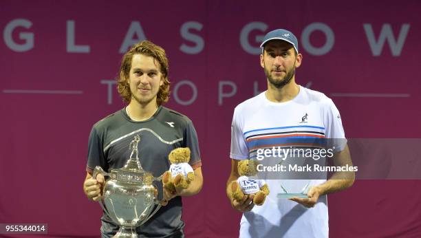 Lukas Lacko , of Slovakia poses with the trophy after beating Luca Vanni of Italy in the singles final of The Glasgow Trophy at Scotstoun Leisure...