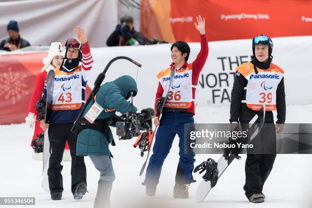 Silver Medalist Evan Strong of the United States, Gold Medalist Grimu Narita of Japan and Bronze Medalist Matti SUUR-HAMARI of Finland celebrate...