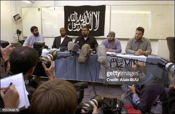 Press conference by Al-Muhajiroun marking second anniversary of the "Magnificent 19", the hijackers of September 11, 2001. Left to right: Sajid...