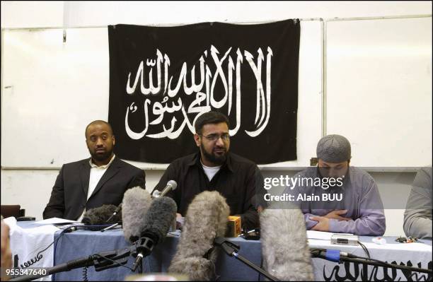 Press conference by Al-Muhajiroun marking second anniversary of the "Magnificent 19", the hijackers of September 11, 2001. Left to right: Abou Omar,...