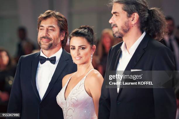 Javier Bardem, Penelope Cruz and Fernando Leon de Aranoa walk the red carpet ahead of the 'Loving Pablo' screening during the 74th Venice Film...