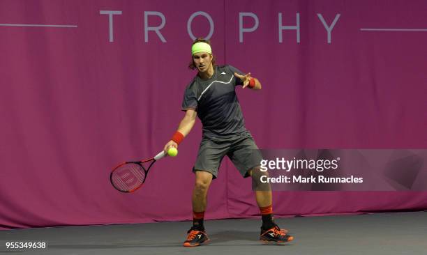 Lukas Lacko of Slovakia in action as he takes on Luca Vanni of Italy in the singles final of The Glasgow Trophy at Scotstoun Leisure Centre on May 6,...