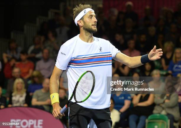 Luca Vanni of Italy in action as he takes on Lukas Lacko of Slovaki in the singles final of The Glasgow Trophy at Scotstoun Leisure Centre on May 6,...