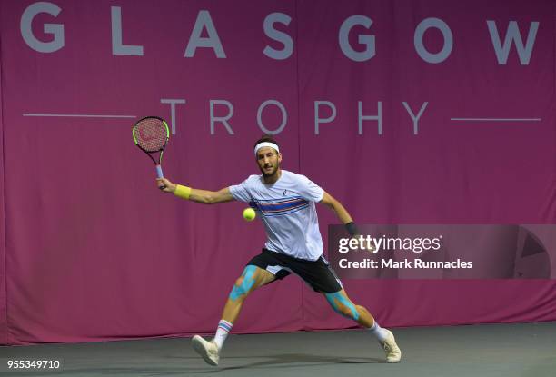 Luca Vanni of Italy in action as he takes on Lukas Lacko of Slovaki in the singles final of The Glasgow Trophy at Scotstoun Leisure Centre on May 6,...