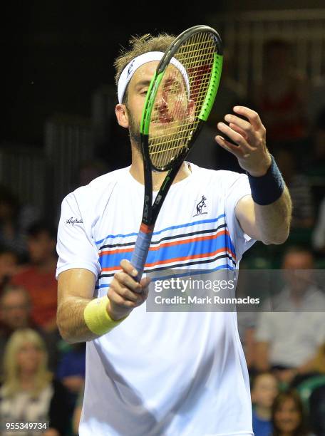 Luca Vanni of Italy in action as he takes on Lukas Lacko of Slovaki in the singles final of The Glasgow Trophy at Scotstoun Leisure Centre on May 6,...