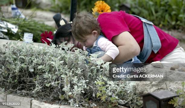 Woman with her baby lays her head on her brother's grave at Mt. Herzl Military Cemetery in Jerusalem on Wednesday, May 11, 2005. Israel is observing...
