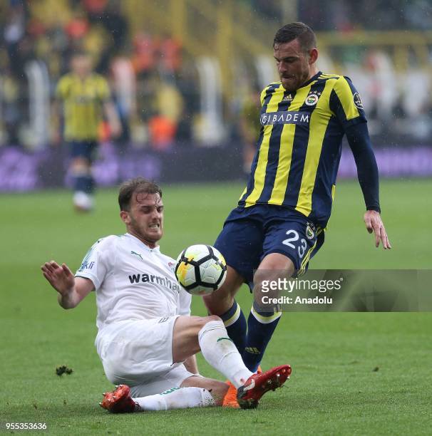 Vincent Janssen of Fenerbahce in action against Ertugrul Ersoy of Bursaspor during Turkish Super Lig soccer match between Fenerbahce and Bursaspor at...