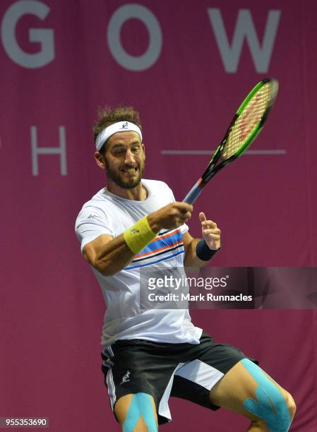 Luca Vanni of Italy in action as he takes on Lukas Lacko of Slovaki in the singles final of The Glasgow Trophy at Scotstoun Leisure Centre on May 6,...