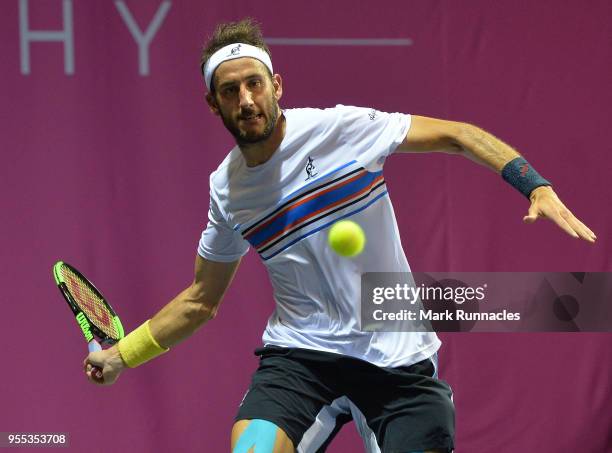 Luca Vanni of Italy in action as he takes on Lukas Lacko of Slovaki in the singles final of The Glasgow Trophy at Scotstoun Leisure Centre on May 6,...