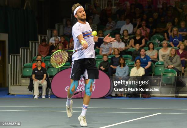 Luca Vanni of Italy in action as he takes on Lukas Lacko of Slovaki in the singles final of The Glasgow Trophy at Scotstoun Leisure Centre on May 6,...