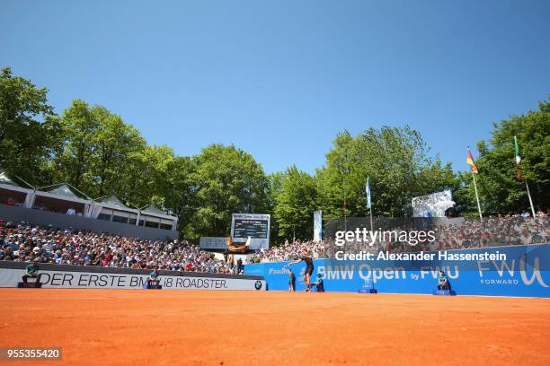 Alexander Zverev of Germany plays a back hand during his finalmatch against Philipp Kohlschreiber of Germany on day 9 of the BMW Open by FWU at MTTC...