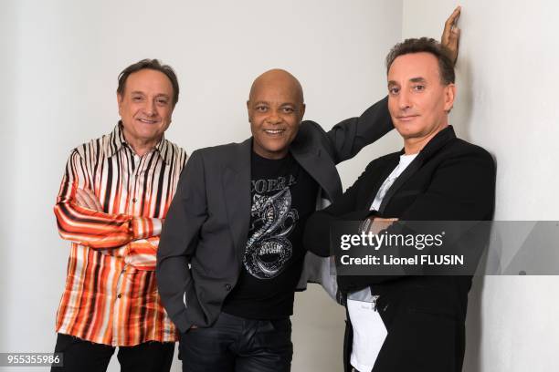 Émile Wandelmer, Mario Ramsamy et Jean-Louis Pujade du groupe musical français 'Emile et Images' le 9 mars 2015 à Genève, Suisse.