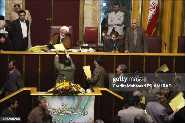 Parliament session in Tehran after hard line Guardian Council disqualify them for the next month's parliamentary elections.