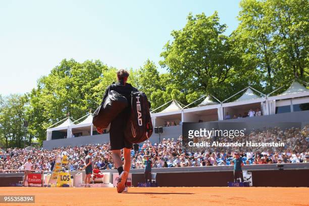 Alexander Zverev of Germany walk of the Centre Court for his final match against Philipp Kohlschreiber of Germany on day 9 of the BMW Open by FWU at...