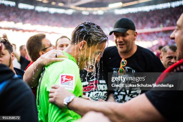 Raphael Wolf celebrates with fans after the Second Bundesliga match between Fortuna Duesseldorf and Holstein Kiel at Esprit-Arena on May 6, 2018 in...