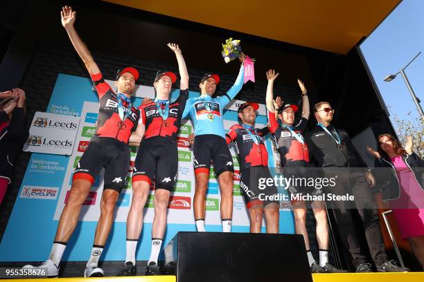 Podium / Greg Van Avermaet of Belgium Blue Leader Jersey / Patrick Bevin of New Zealand / Tom Bohli of Switzerland / Brent Bookwalter of The United...