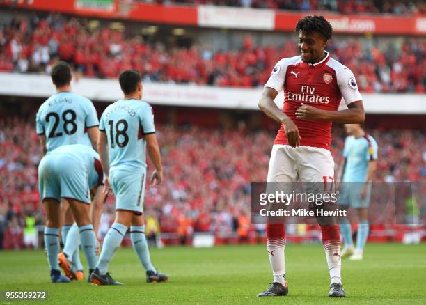 Alex Iwobi of Arsenal celebrates after scoring his sides fourth goal during the Premier League match between Arsenal and Burnley at Emirates Stadium...