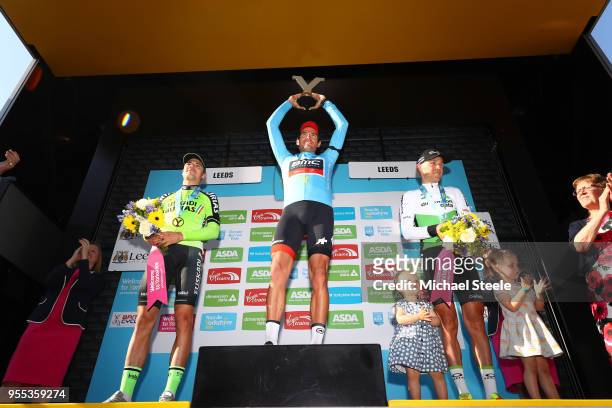 Podium / Greg Van Avermaet of Belgium and BMC Racing Team Blue Leader Jersey / Eduard Prades Reverter of Spain and Team Euskadi Basque Country /...