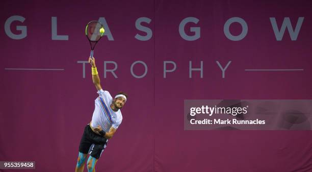 Luca Vanni of Italy in action as he takes on Lukas Lacko of Slovaki in the singles final of The Glasgow Trophy at Scotstoun Leisure Centre on May 6,...