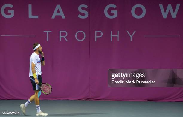 Luca Vanni of Italy in action as he takes on Lukas Lacko of Slovaki in the singles final of The Glasgow Trophy at Scotstoun Leisure Centre on May 6,...