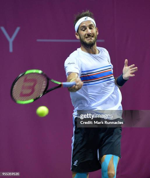 Luca Vanni of Italy in action as he takes on Lukas Lacko of Slovaki in the singles final of The Glasgow Trophy at Scotstoun Leisure Centre on May 6,...